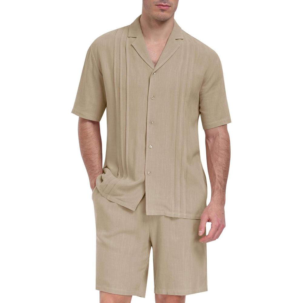 imageMoFiz Mens Linen Sets 2 Pieces Summer Vacation Party Beach Outfits Short Sleeve Button Down Shirts and Pants SetBkhaki