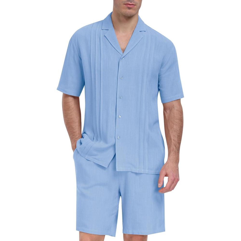 imageMoFiz Mens Linen Sets 2 Pieces Summer Vacation Party Beach Outfits Short Sleeve Button Down Shirts and Pants SetBlight Blue