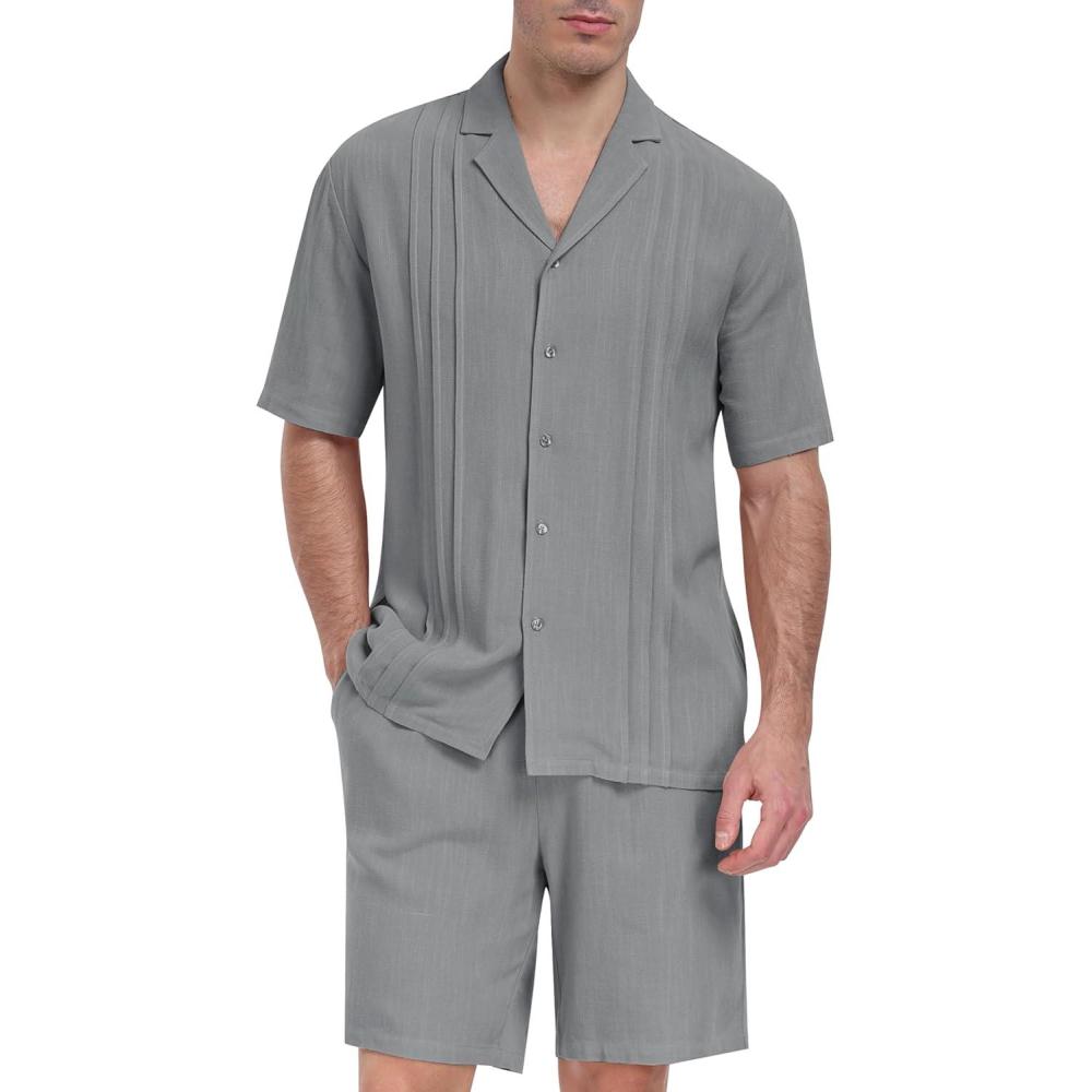 imageMoFiz Mens Linen Sets 2 Pieces Summer Vacation Party Beach Outfits Short Sleeve Button Down Shirts and Pants SetBlight Grey