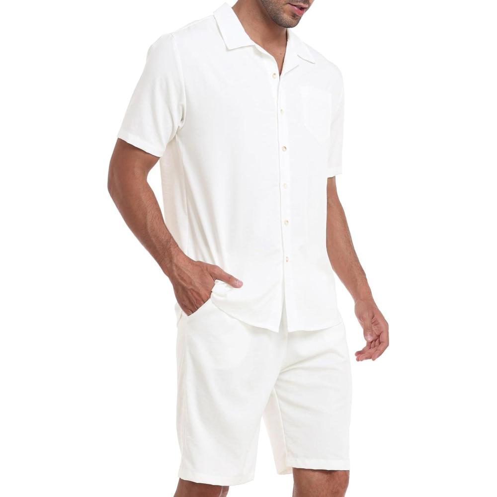 imageMoFiz Mens Linen Sets 2 Pieces Summer Vacation Party Beach Outfits Short Sleeve Button Down Shirts and Pants SetBwhite