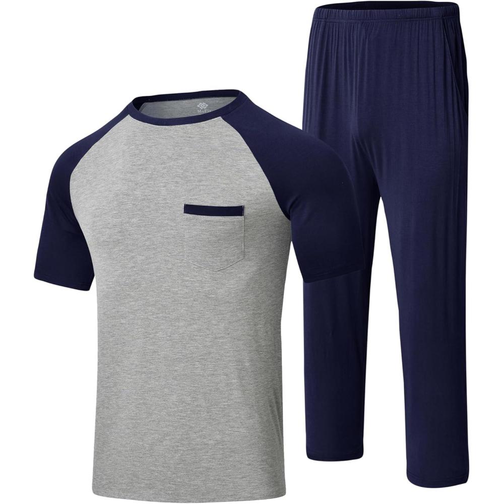 imageMoFiz Mens Pajama Set Pjs Sleepwear Nightwear Lightweight Quick Dry Soft Short Sleeve Summer Pjs Sleep Set With PocketA02navy Blue Light Grey