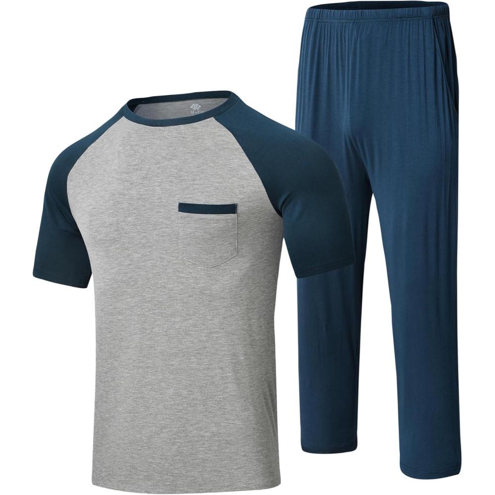 imageMoFiz Mens Pajama Set Pjs Sleepwear Nightwear Lightweight Quick Dry Soft Short Sleeve Summer Pjs Sleep Set With PocketA04royal Blue  Light Grey