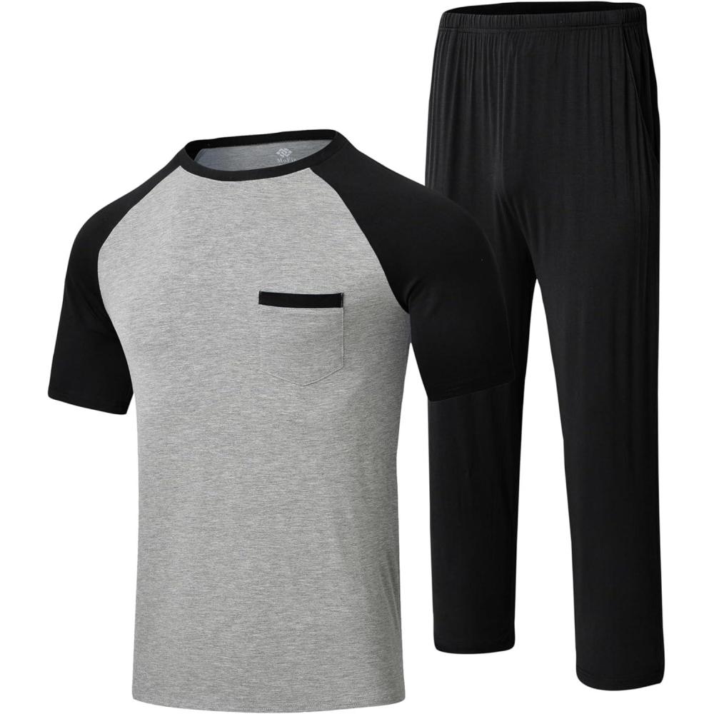 imageMoFiz Mens Pajama Set Pjs Sleepwear Nightwear Lightweight Quick Dry Soft Short Sleeve Summer Pjs Sleep Set With PocketA06black  Light Grey