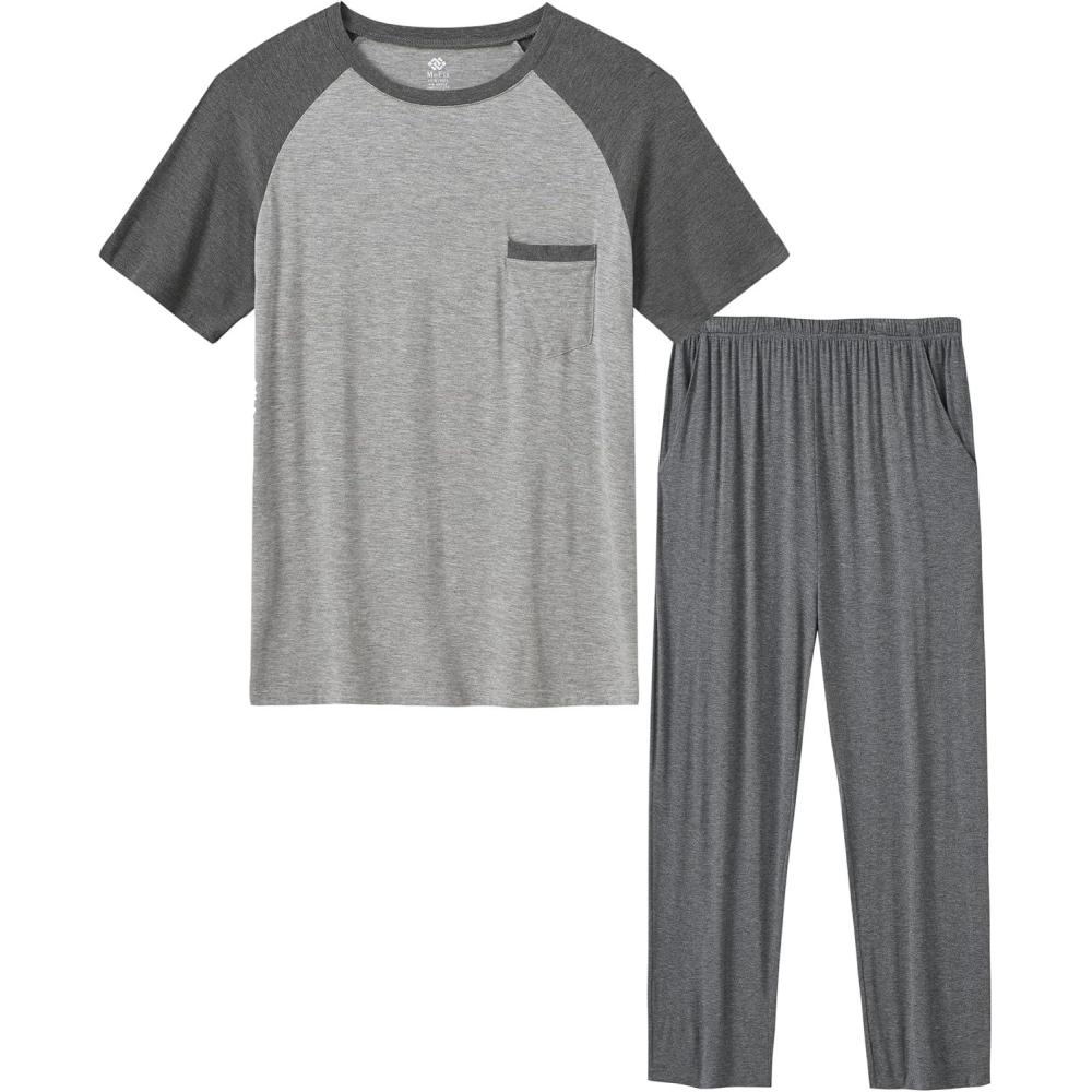 imageMoFiz Mens Pajama Set Pjs Sleepwear Nightwear Lightweight Quick Dry Soft Short Sleeve Summer Pjs Sleep Set With PocketBdark Gray Set
