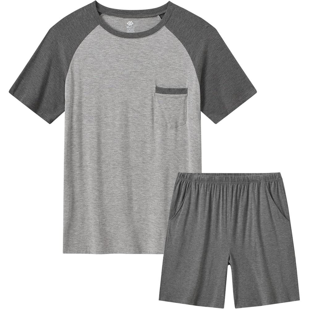 imageMoFiz Mens Pajama Set Pjs Sleepwear Nightwear Lightweight Quick Dry Soft Short Sleeve VNeck Summer Pjs Sleep Set With PocketDark Gray  Light Grey