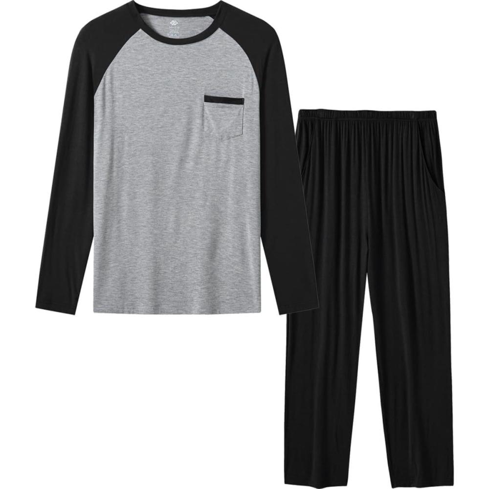 imageMoFiz Mens Pajama Sets Comfy Long Sleeve Sleepwear Top Solid Pyjama Pants with Pocket 2 Piece Loungewear PJs Sets for MenBlack Grey