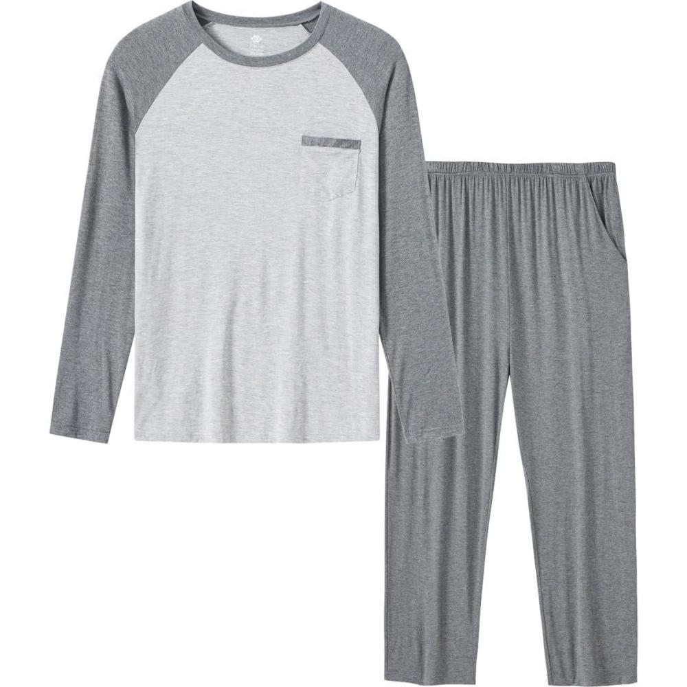 imageMoFiz Mens Pajama Sets Comfy Long Sleeve Sleepwear Top Solid Pyjama Pants with Pocket 2 Piece Loungewear PJs Sets for MenDark Grey