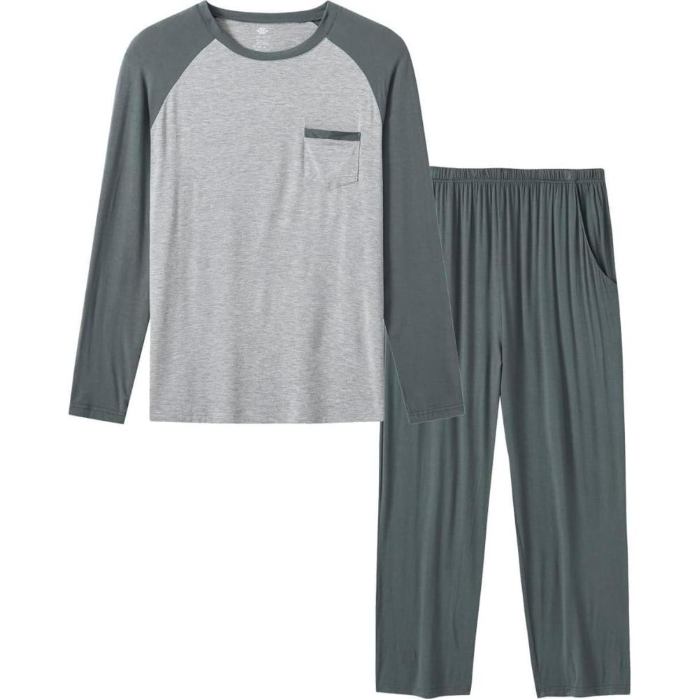 imageMoFiz Mens Pajama Sets Comfy Long Sleeve Sleepwear Top Solid Pyjama Pants with Pocket 2 Piece Loungewear PJs Sets for MenLight Grey