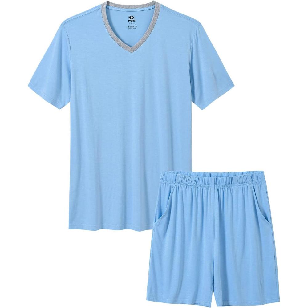 imageMoFiz Mens Pajamas Set Short Sleeve PJs Sleep Lounge Sleepwear Cool Pyjama Summer Sets Comfortable Lightweight5sky Blue