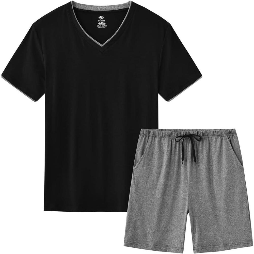 imageMoFiz Mens Pajamas Set Short Sleeve PJs Sleep Lounge Sleepwear Cool Pyjama Summer Sets Comfortable LightweightBlackgreya