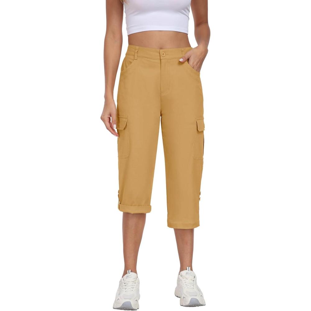 imageMoFiz Womens Cargo Capri Pants Cotton Roll up Convertible Capris Summer Casual Athletic Hiking Cropped Pants with PocketsAgolden