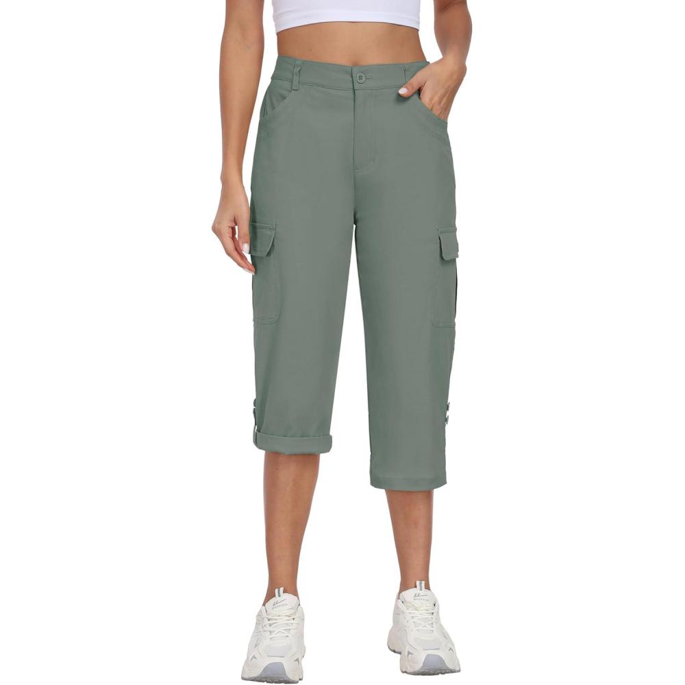 imageMoFiz Womens Cargo Capri Pants Cotton Roll up Convertible Capris Summer Casual Athletic Hiking Cropped Pants with PocketsAgrayish Green