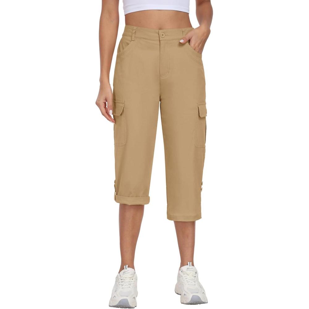imageMoFiz Womens Cargo Capri Pants Cotton Roll up Convertible Capris Summer Casual Athletic Hiking Cropped Pants with PocketsAkhaki
