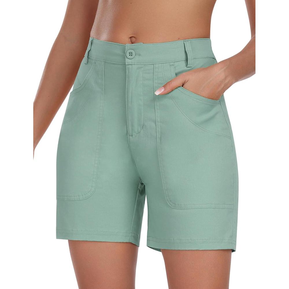 imageMoFiz Womens Cotton Bermuda Cargo Shorts 5quot Casual Summer Elastic Waist Trouser Shorts with PocketsGreen