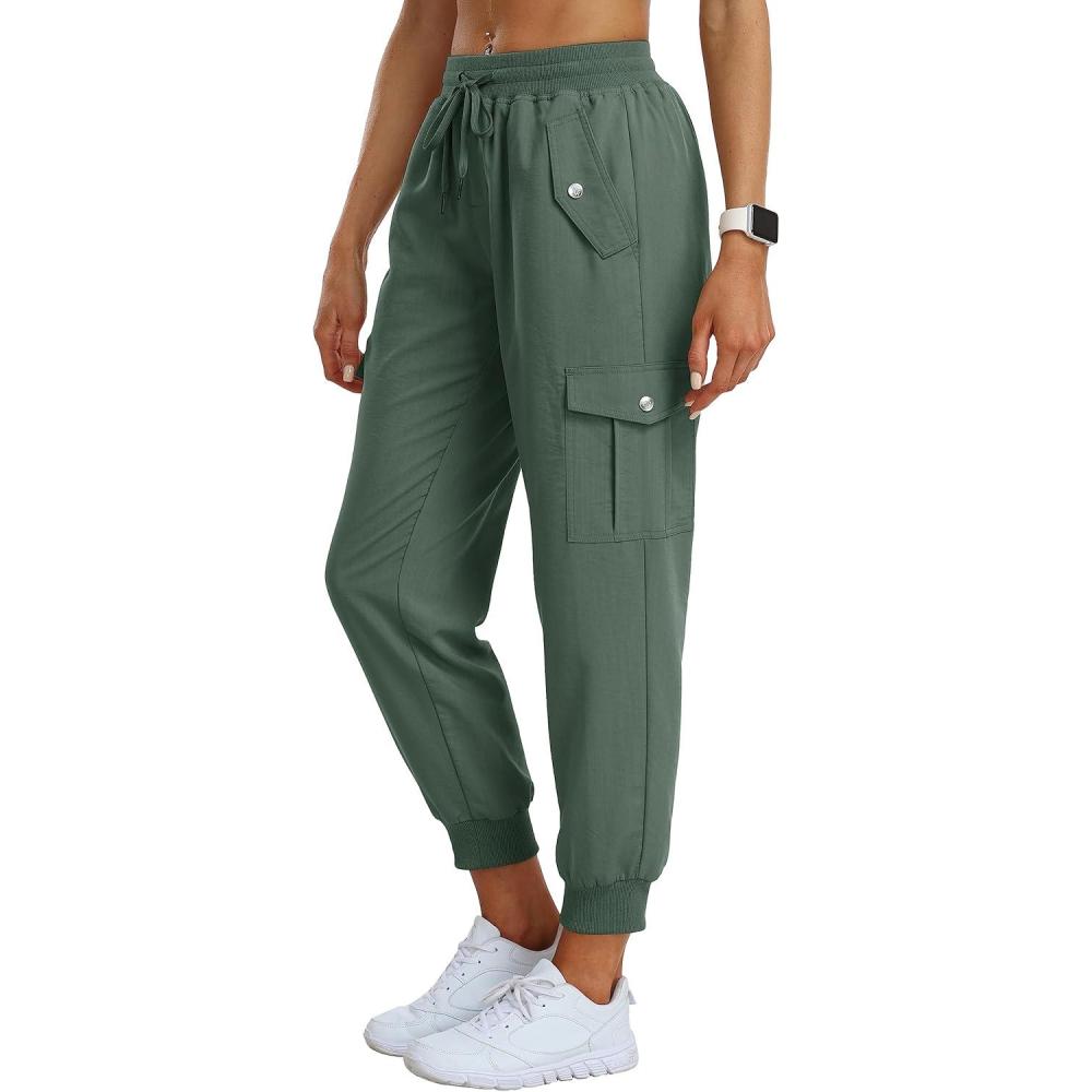 imageMoFiz Womens Outdoor Cargo Pants Lightweight Joggers Elastic Waist Athletic Hiking Sweatpants Casual Travel Pant with PocketArmy Green