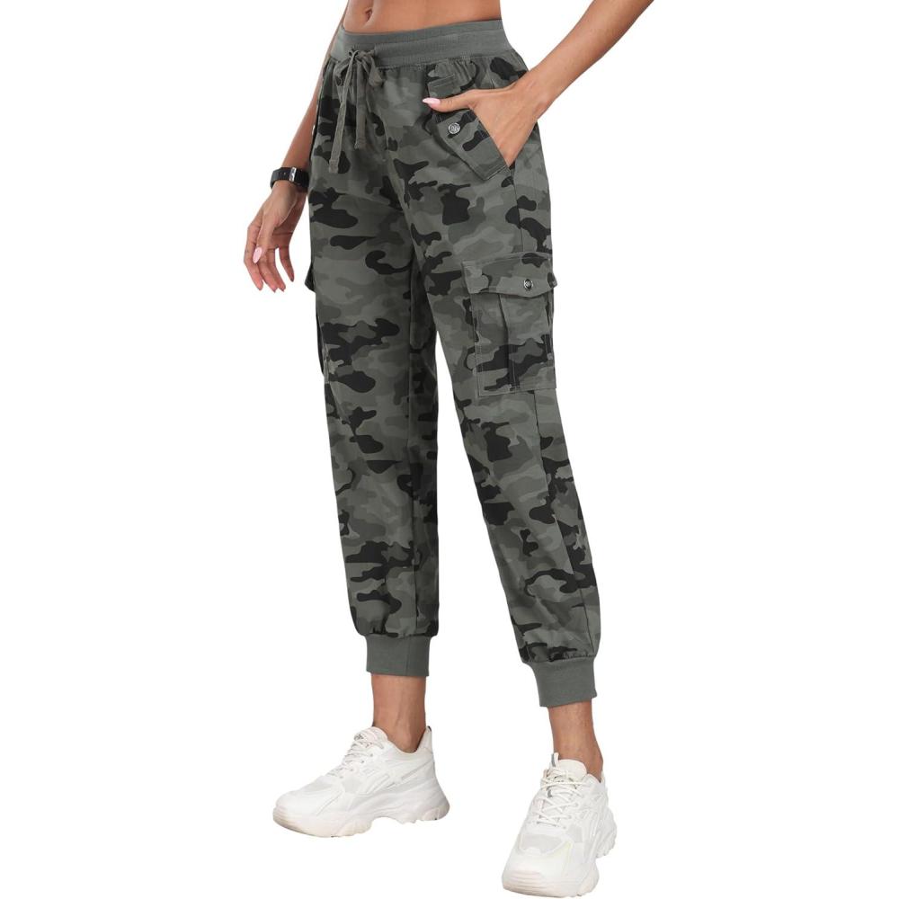 imageMoFiz Womens Outdoor Cargo Pants Lightweight Joggers Elastic Waist Athletic Hiking Sweatpants Casual Travel Pant with PocketCamouflage Green