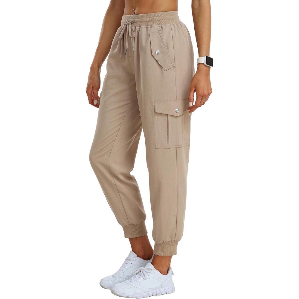 imageMoFiz Womens Outdoor Cargo Pants Lightweight Joggers Elastic Waist Athletic Hiking Sweatpants Casual Travel Pant with PocketKhaki