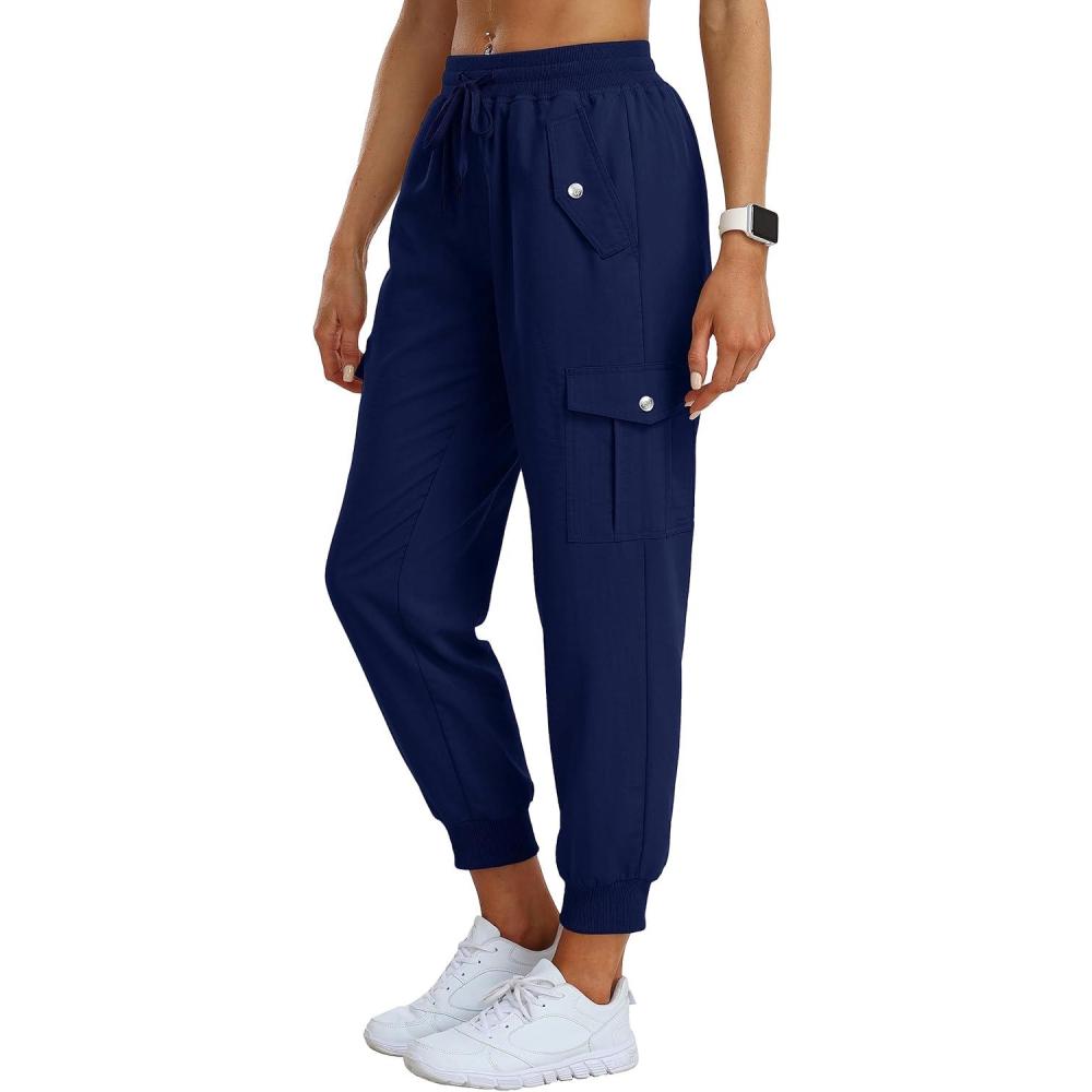 imageMoFiz Womens Outdoor Cargo Pants Lightweight Joggers Elastic Waist Athletic Hiking Sweatpants Casual Travel Pant with PocketNavy