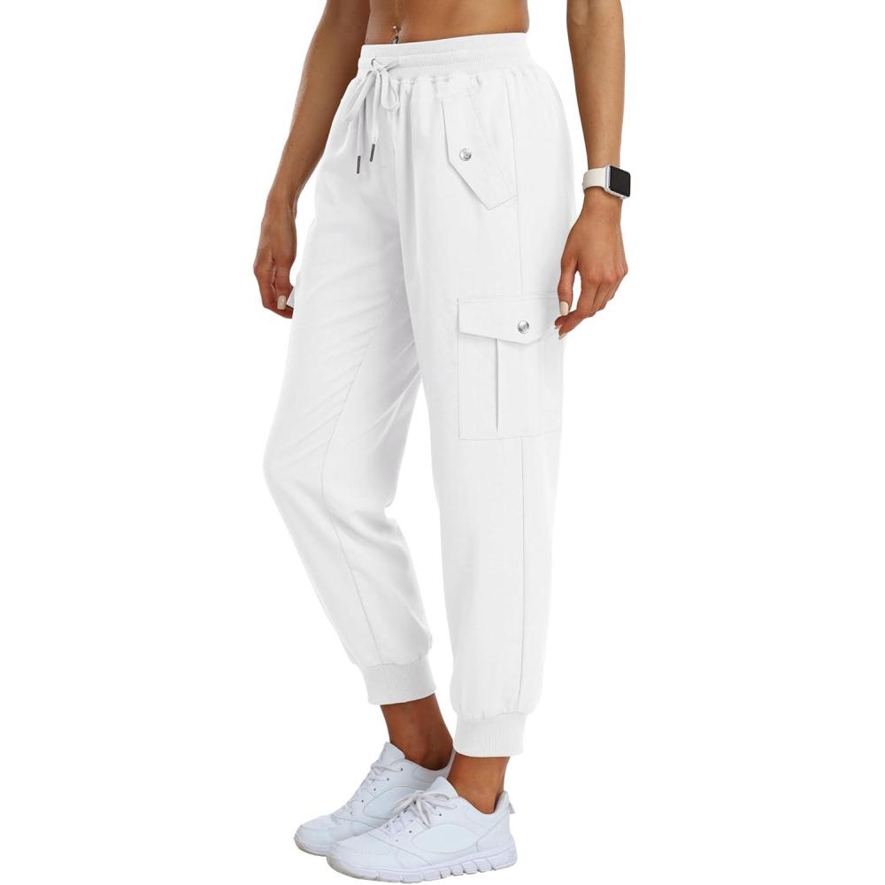 imageMoFiz Womens Outdoor Cargo Pants Lightweight Joggers Elastic Waist Athletic Hiking Sweatpants Casual Travel Pant with PocketWhite