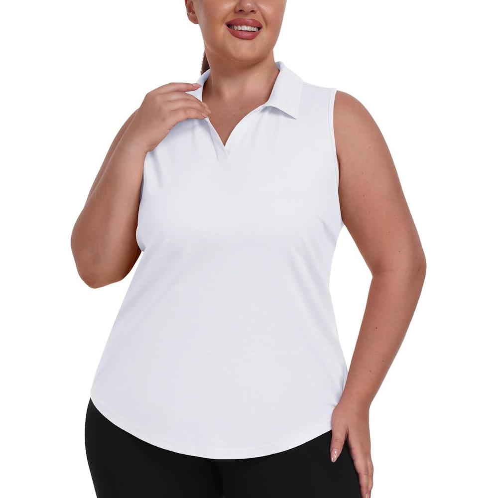 imageMoFiz Womens Plus Size Tennis Shirts Sleeveless VNeck Activewear Golf Shirt Lightweight Fast Dry Collared Hiking Polo Tops White 3XL