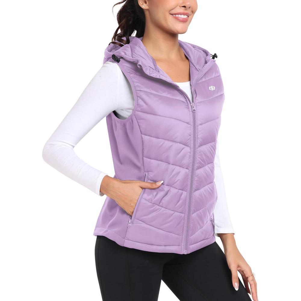 imageMoFiz Womens Puffer Softshell Vest Hooded Lightweight Insulated Hybrid Down Jacket Full Zip Running VestPurple