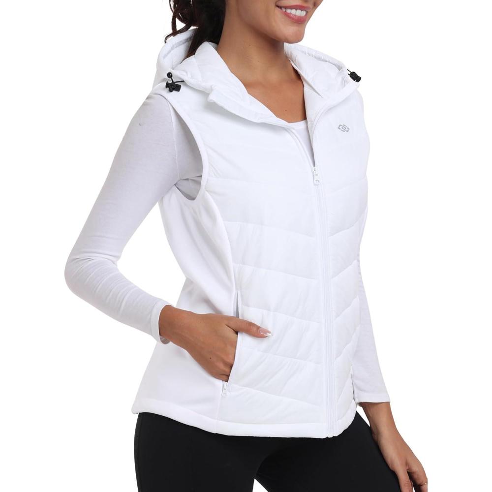imageMoFiz Womens Puffer Softshell Vest Hooded Lightweight Insulated Hybrid Down Jacket Full Zip Running VestWhite