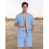 MoFiz Men’s Linen Sets 2 Pieces Summer Vacation Party Beach Outfits Short Sleeve Button Down Shirts and Pants Set(B-light Blue)