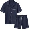MoFiz Men’s Cotton Pajamas Sets Sleepwear Short Sleeve Button Down Shirt and Pants Loungewear Soft Pjs Lounge Set(Navy Blue)