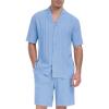 MoFiz Men’s Linen Sets 2 Pieces Summer Vacation Party Beach Outfits Short Sleeve Button Down Shirts and Pants Set(B-light Blue)