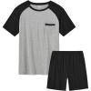 MoFiz Mens Pajama Set Pjs Sleepwear Nightwear Lightweight Quick Dry Soft Short Sleeve V-Neck Summer Pjs Sleep Set With Pocket(Black + Light Grey)
