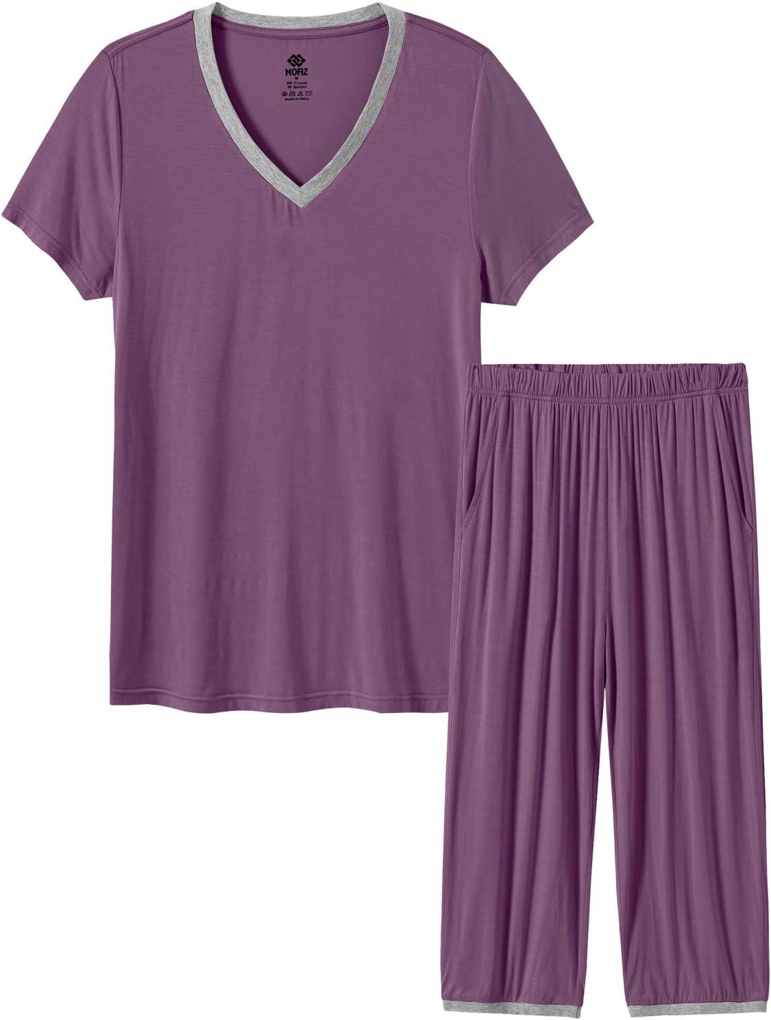 imageJINSHI Womens Pajamas Set Short Sleeve Top and Capri Pants Lightweight Sleepwear Comfy Pjs Lounge Set with PocketsPurple