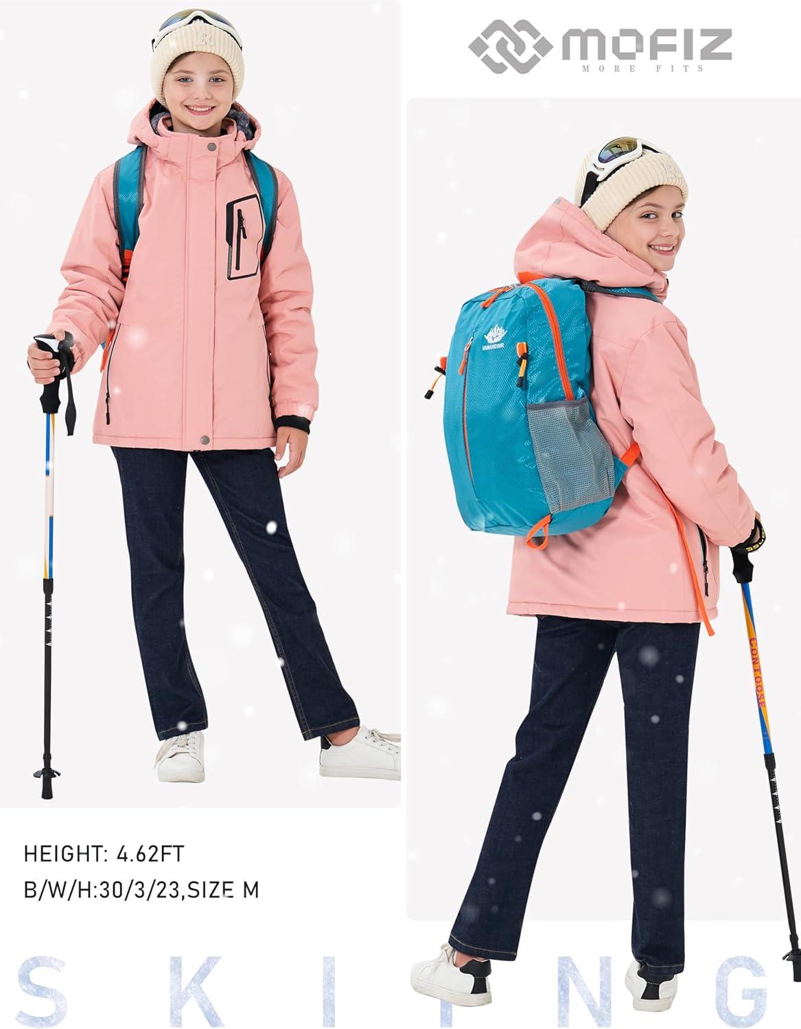 imageMoFiz Girls Ski Jacket Waterproof Fleece Lined Snowboard Jacket Warm Winter Snow Coats with Removable HoodPink