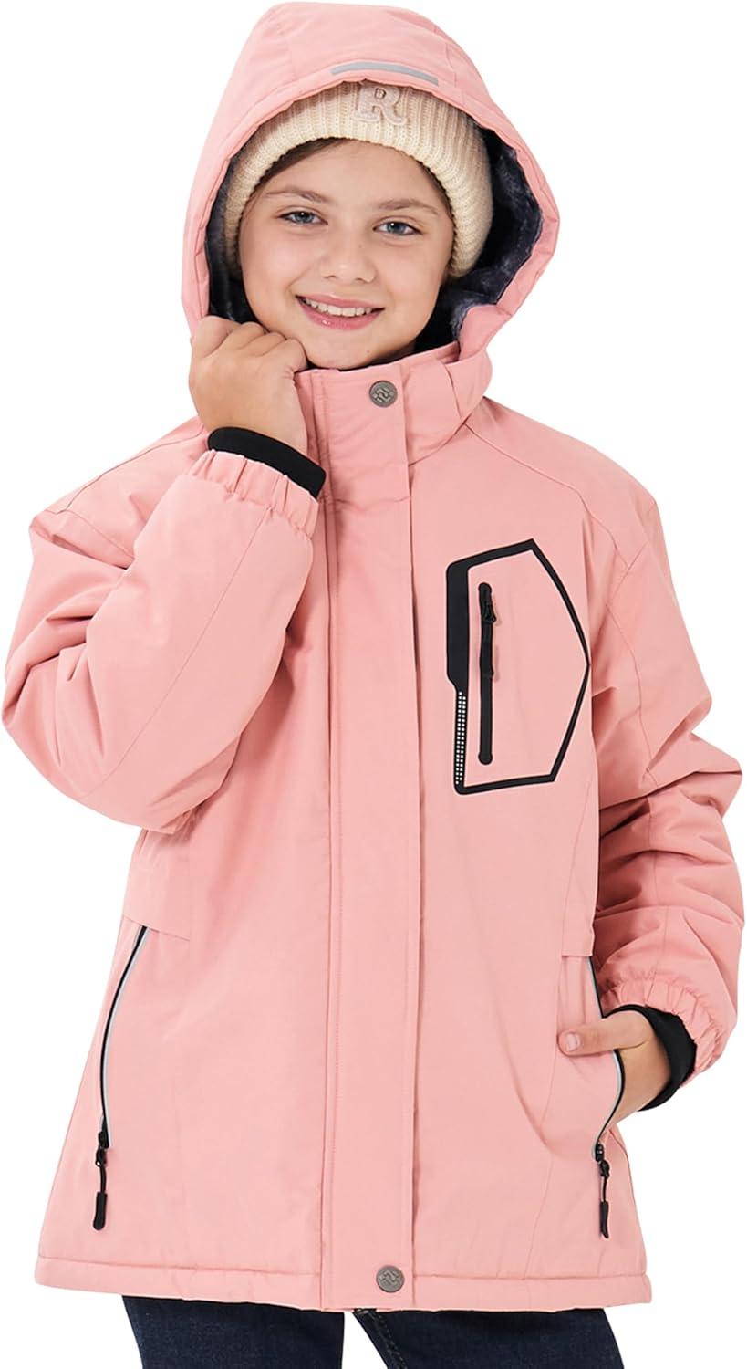 imageMoFiz Girls Ski Jacket Waterproof Fleece Lined Snowboard Jacket Warm Winter Snow Coats with Removable HoodPink