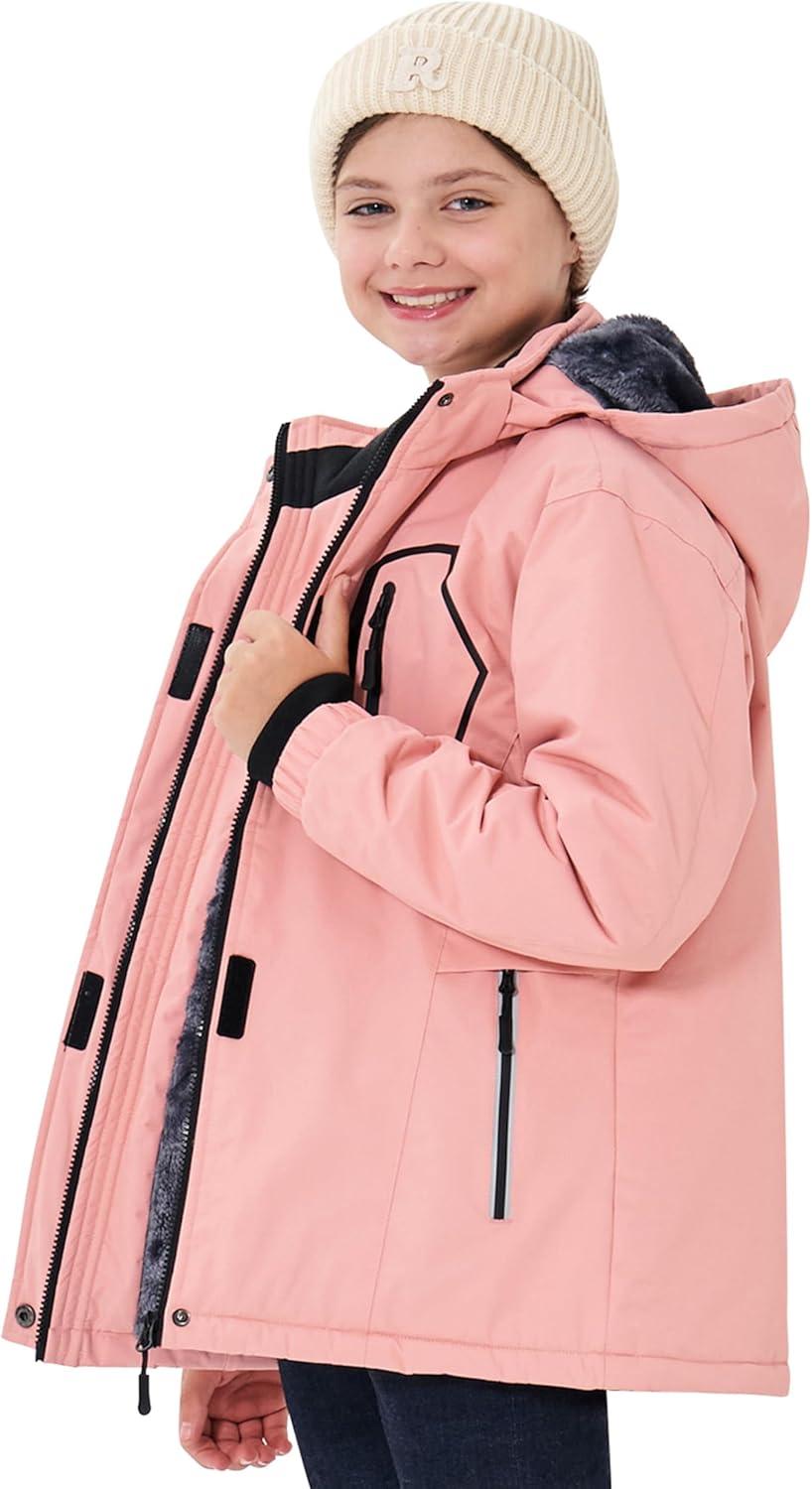 imageMoFiz Girls Ski Jacket Waterproof Fleece Lined Snowboard Jacket Warm Winter Snow Coats with Removable HoodPink