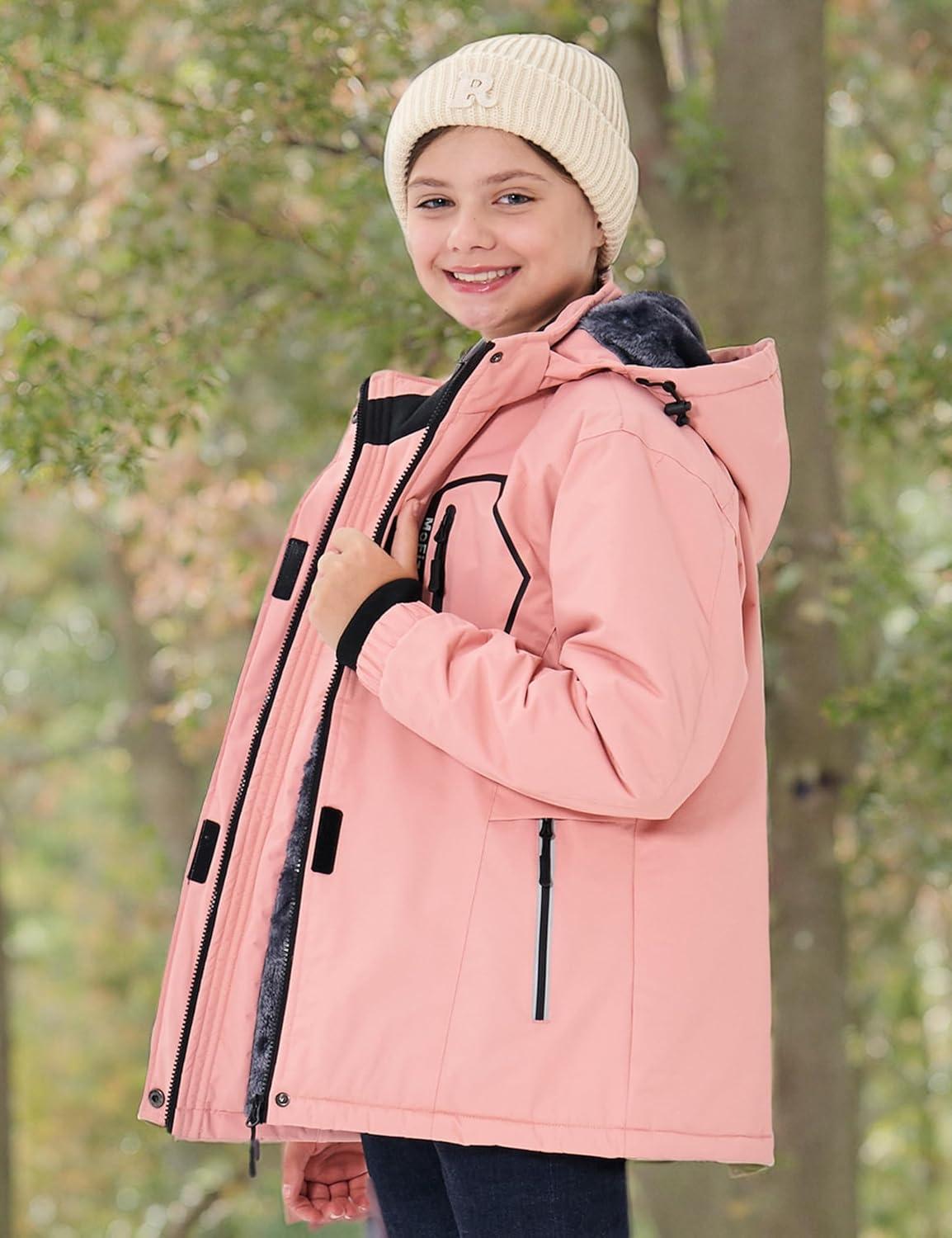 imageMoFiz Girls Ski Jacket Waterproof Fleece Lined Snowboard Jacket Warm Winter Snow Coats with Removable HoodPink