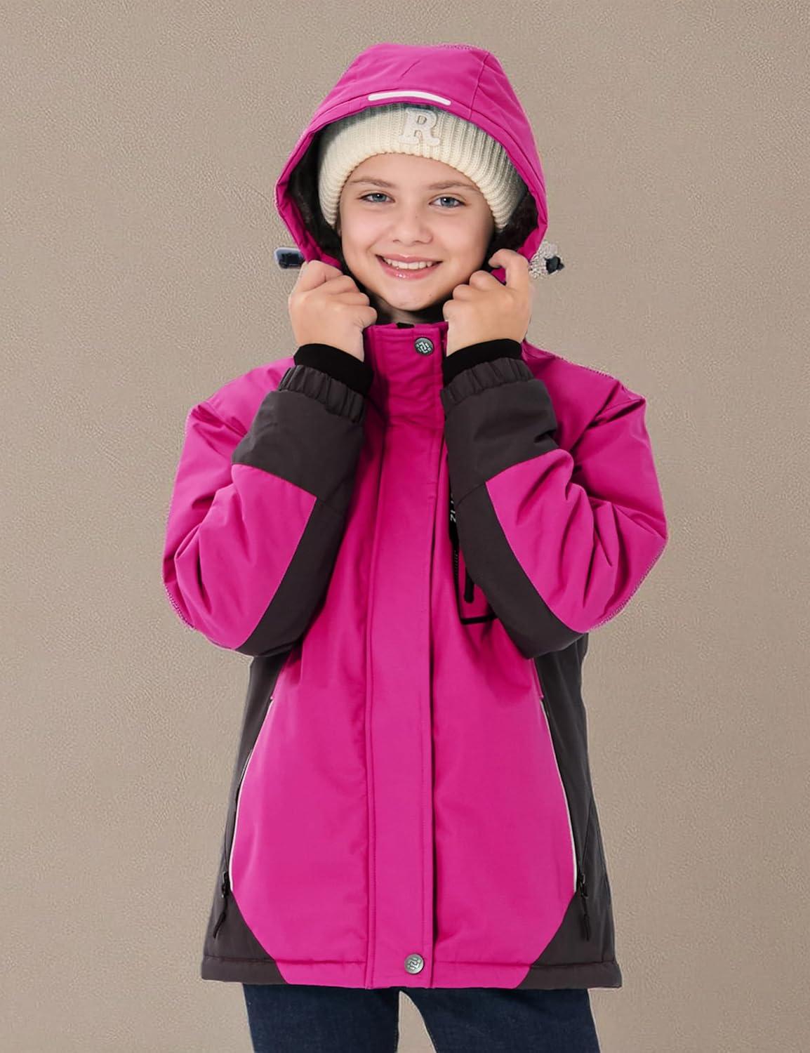 imageMoFiz Girls Ski Jacket Waterproof Fleece Lined Snowboard Jacket Warm Winter Snow Coats with Removable HoodRose Red