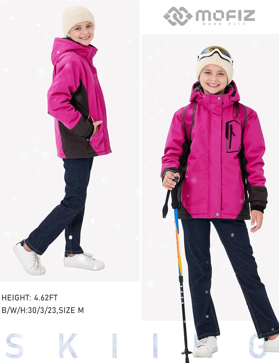 imageMoFiz Girls Ski Jacket Waterproof Fleece Lined Snowboard Jacket Warm Winter Snow Coats with Removable HoodRose Red
