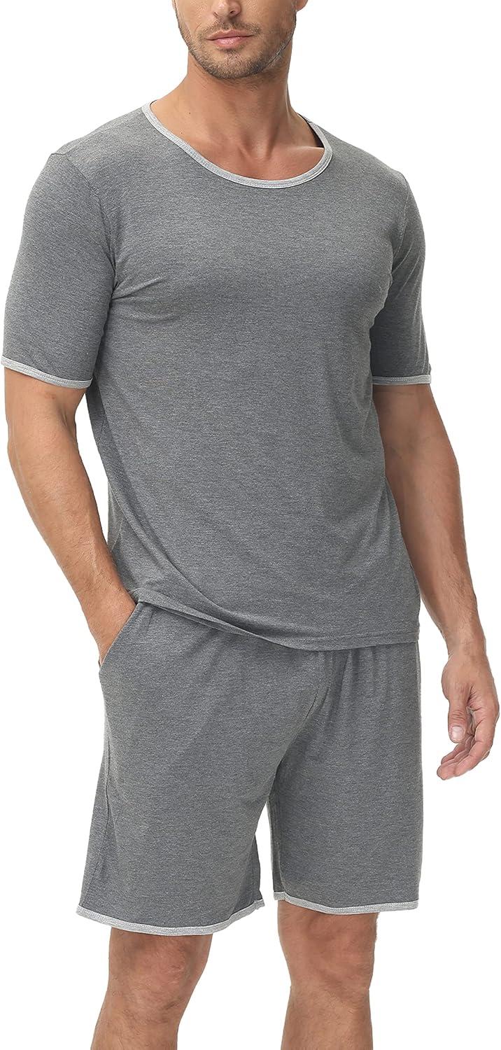 imageMoFiz Mens Pajamas Set Sleepwear Sleep Shirt and Shorts Pajama Set Lightweight Soft Mens Pjs Lounge Set with Pockets S3XLDark Grey