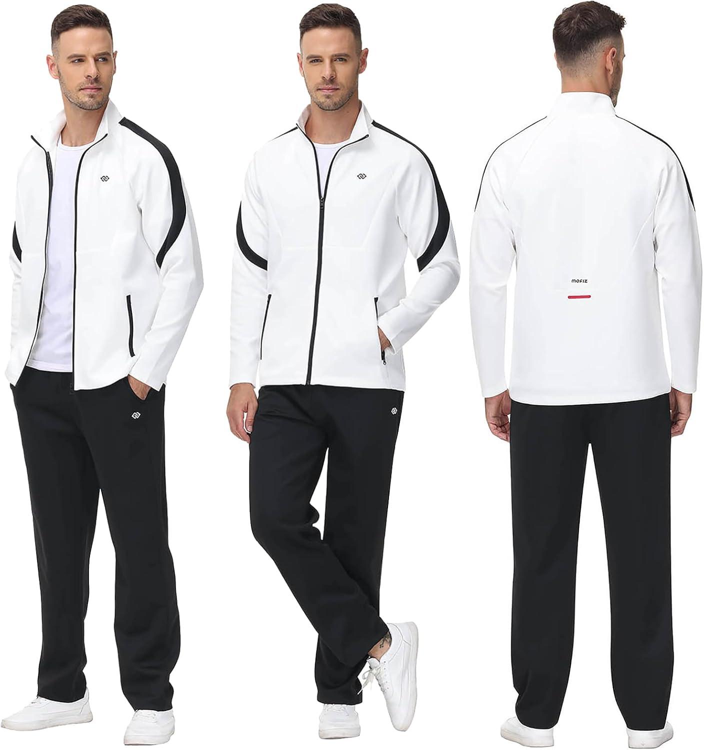 imageMoFiz Mens Tracksuits Sweatsuits for Men Athletic Set 2 Piece Track Suits Jogging Casual Warm Up Full Zip Running Sports01whiteblack