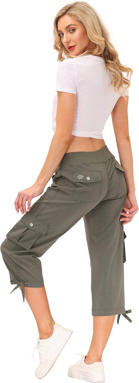 imageMoFiz Womens Cargo Capris Hiking Pants Lightweight Quick Dry Outdoor Athletic Travel Casual Loose Comfy Cute Pockets1army Green