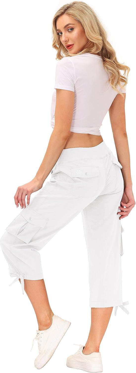 imageMoFiz Womens Cargo Capris Hiking Pants Lightweight Quick Dry Outdoor Athletic Travel Casual Loose Comfy Cute Pockets9rice White