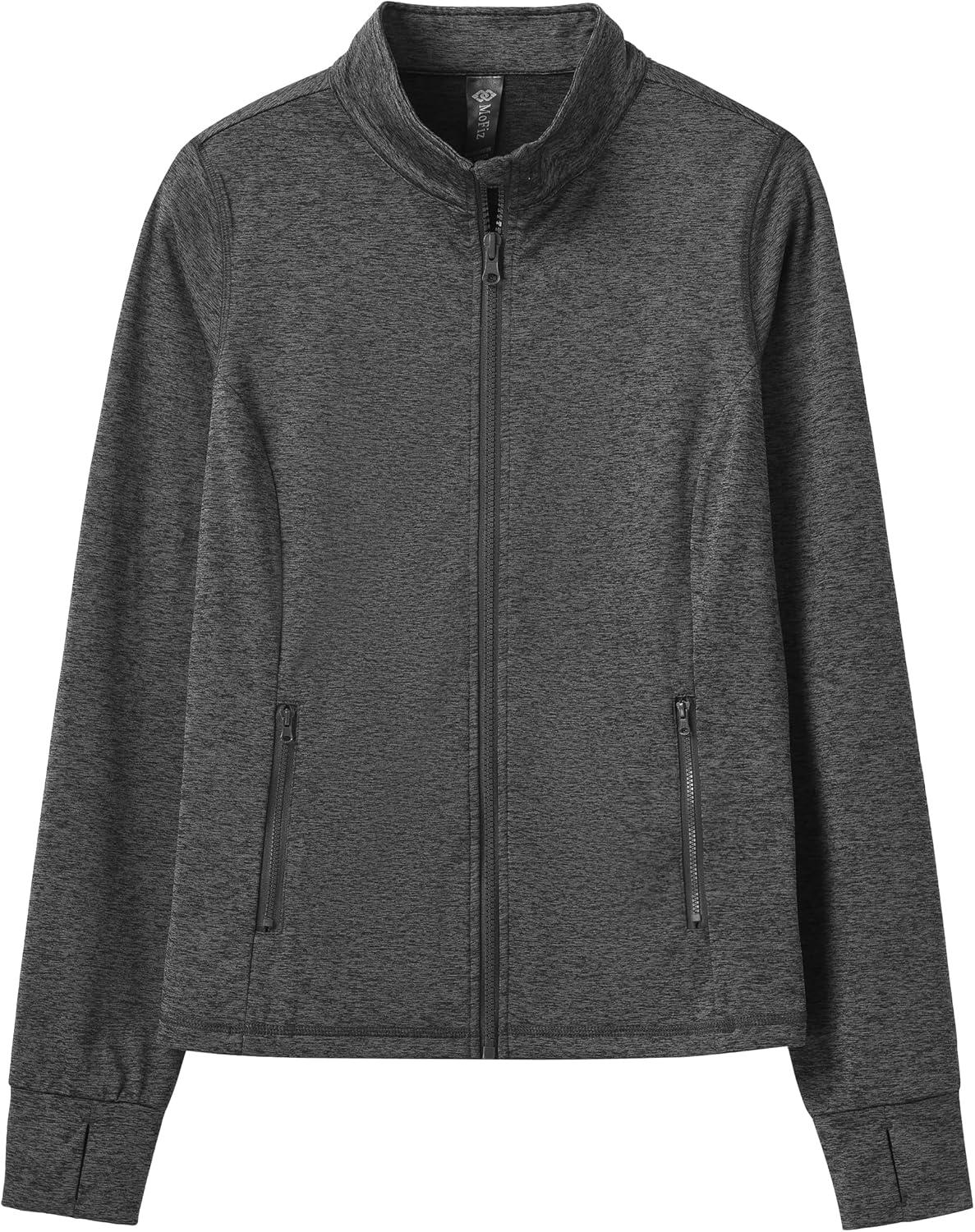 imageMoFiz Womens Full Zip up Athletic Jackets Fleece Lined Sports Running Track Jacket Stretchy Workout Tops with Pockets2024greyfleece