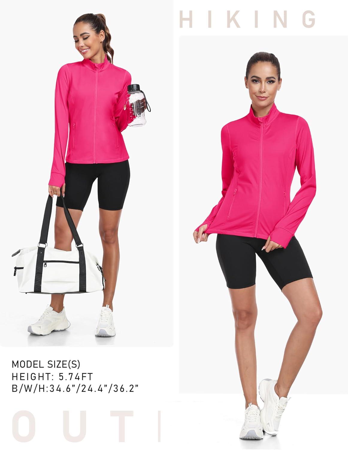 imageMoFiz Womens Full Zip up Athletic Jackets Fleece Lined Sports Running Track Jacket Stretchy Workout Tops with Pockets2024rose Redfleece