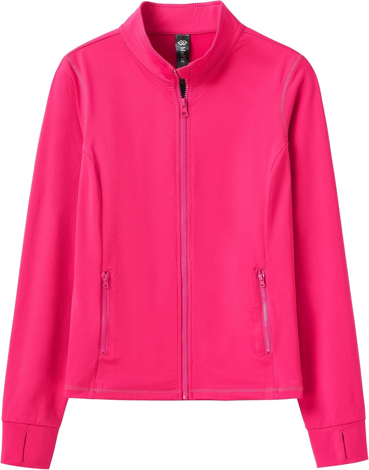 imageMoFiz Womens Full Zip up Athletic Jackets Fleece Lined Sports Running Track Jacket Stretchy Workout Tops with Pockets2024rose Redfleece