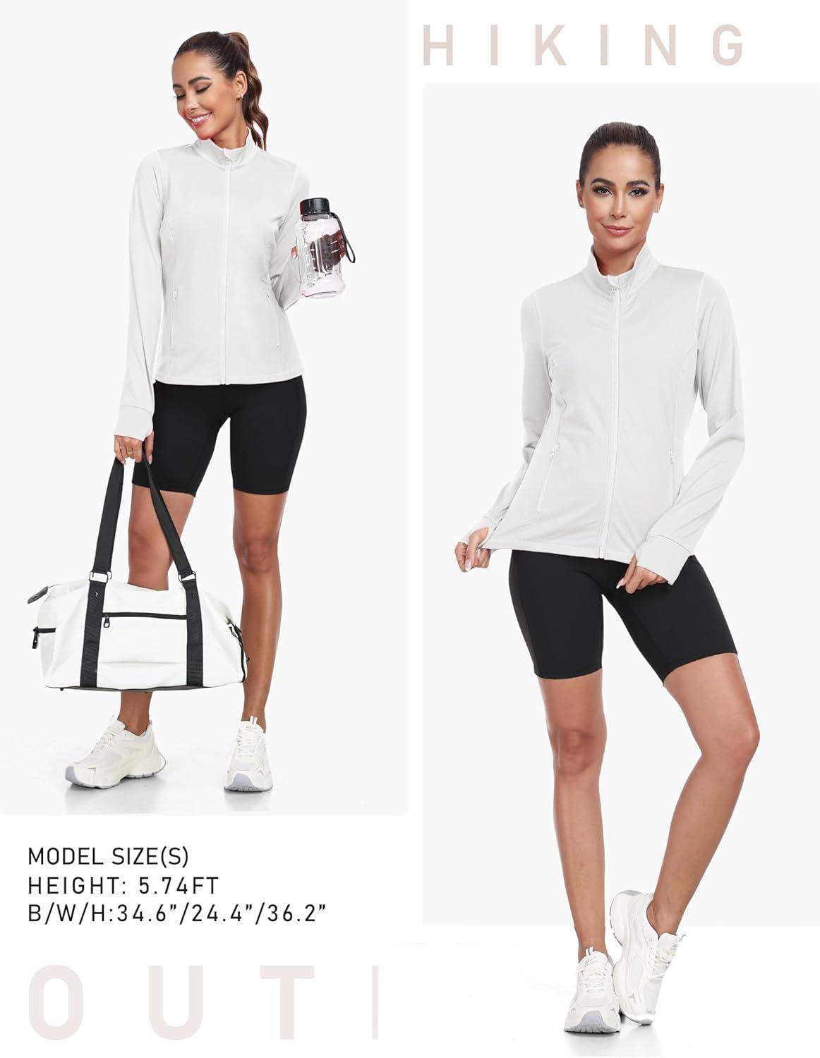 imageMoFiz Womens Full Zip up Athletic Jackets Fleece Lined Sports Running Track Jacket Stretchy Workout Tops with Pockets2024whitefleece