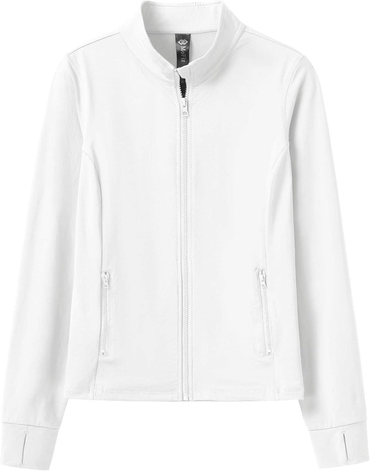 imageMoFiz Womens Full Zip up Athletic Jackets Fleece Lined Sports Running Track Jacket Stretchy Workout Tops with Pockets2024whitefleece