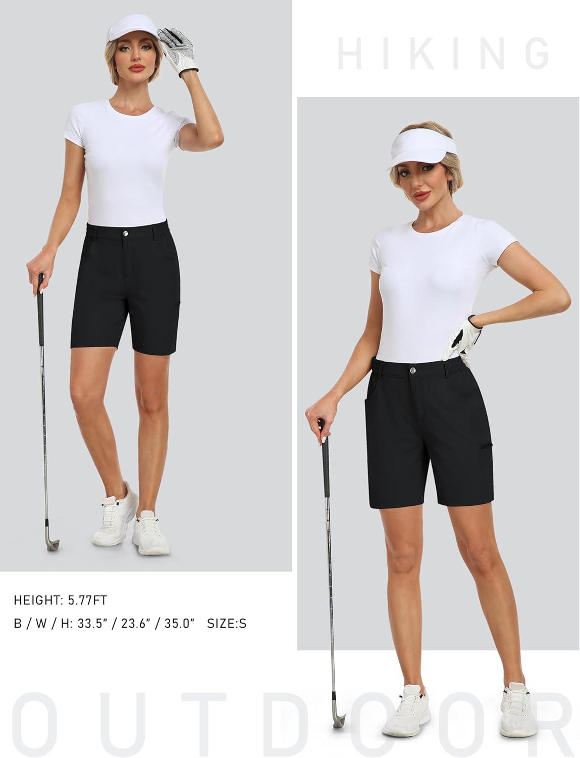 imageMoFiz Womens Golf Shorts 7quot Quick Dry Hiking Shorts Lightweight Bermuda Short for Women with Pockets Water ResistantOblack