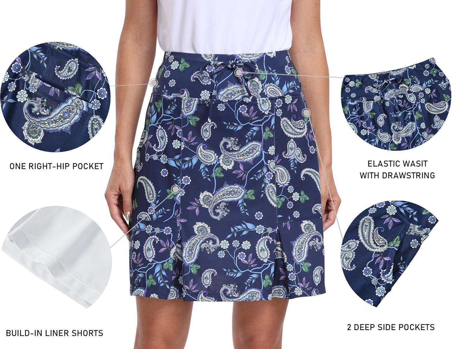 imageMoFiz Womens Golf Skirts Knee Length Drawstring Athletic Tennis Skort Modest Long Sport Active Casual Summer Skirt PocketsNavypattern