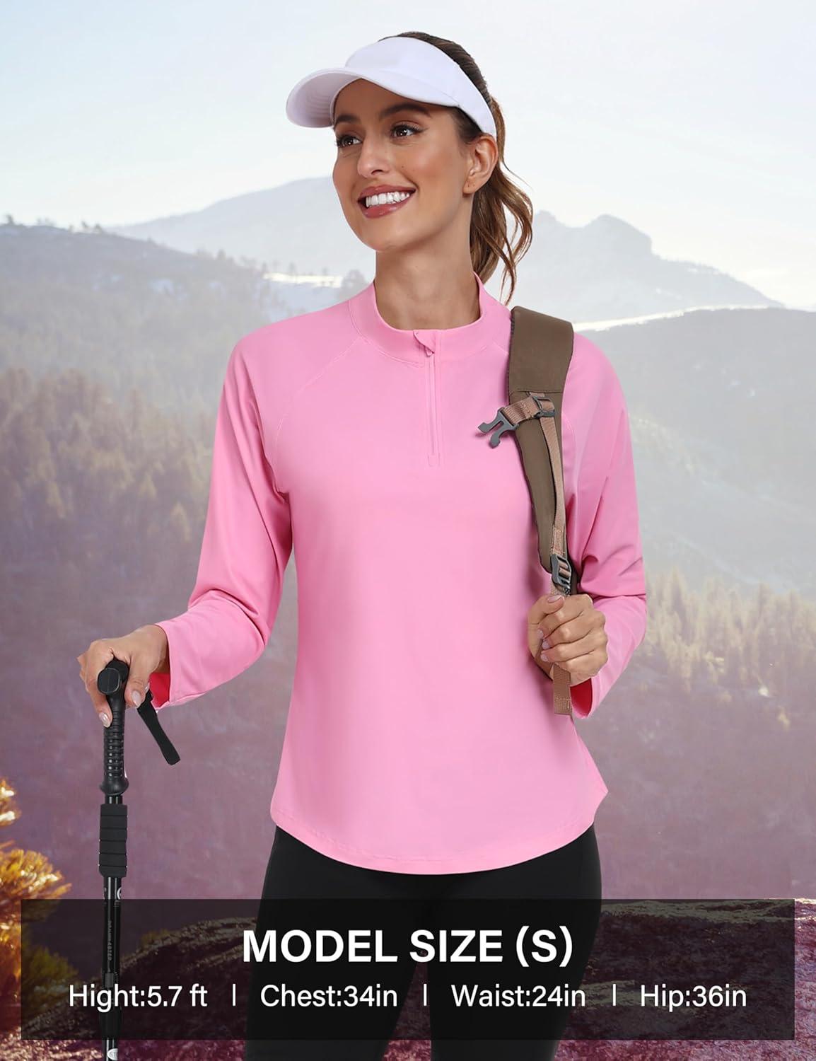 imageMoFiz Womens Long Sleeve Golf Polo Shirt 14 Zip UPF 50 Sun Protection Quick Dry Lightweight Athletic Hiking Running TopsPink