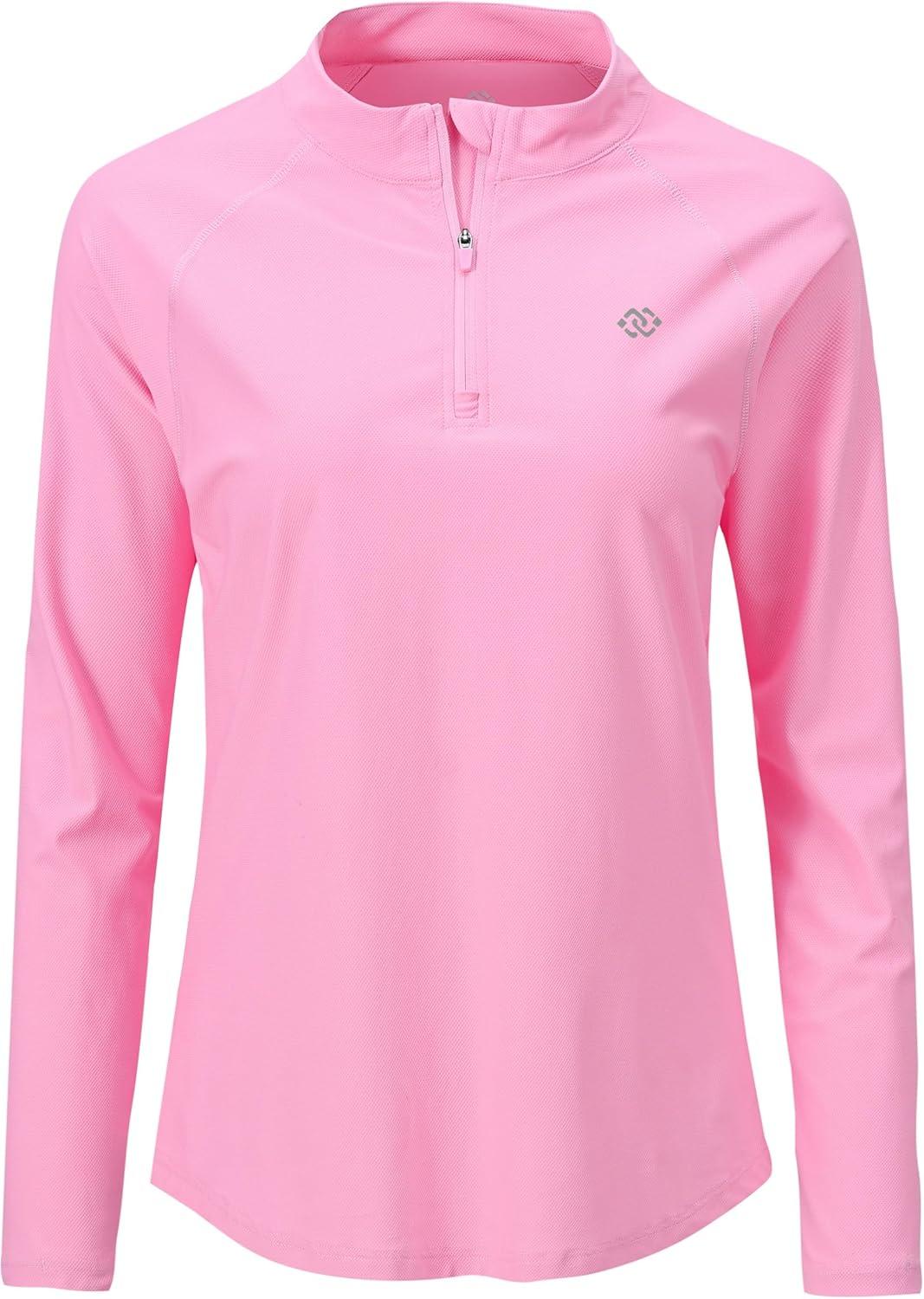 imageMoFiz Womens Long Sleeve Golf Polo Shirt 14 Zip UPF 50 Sun Protection Quick Dry Lightweight Athletic Hiking Running TopsPink